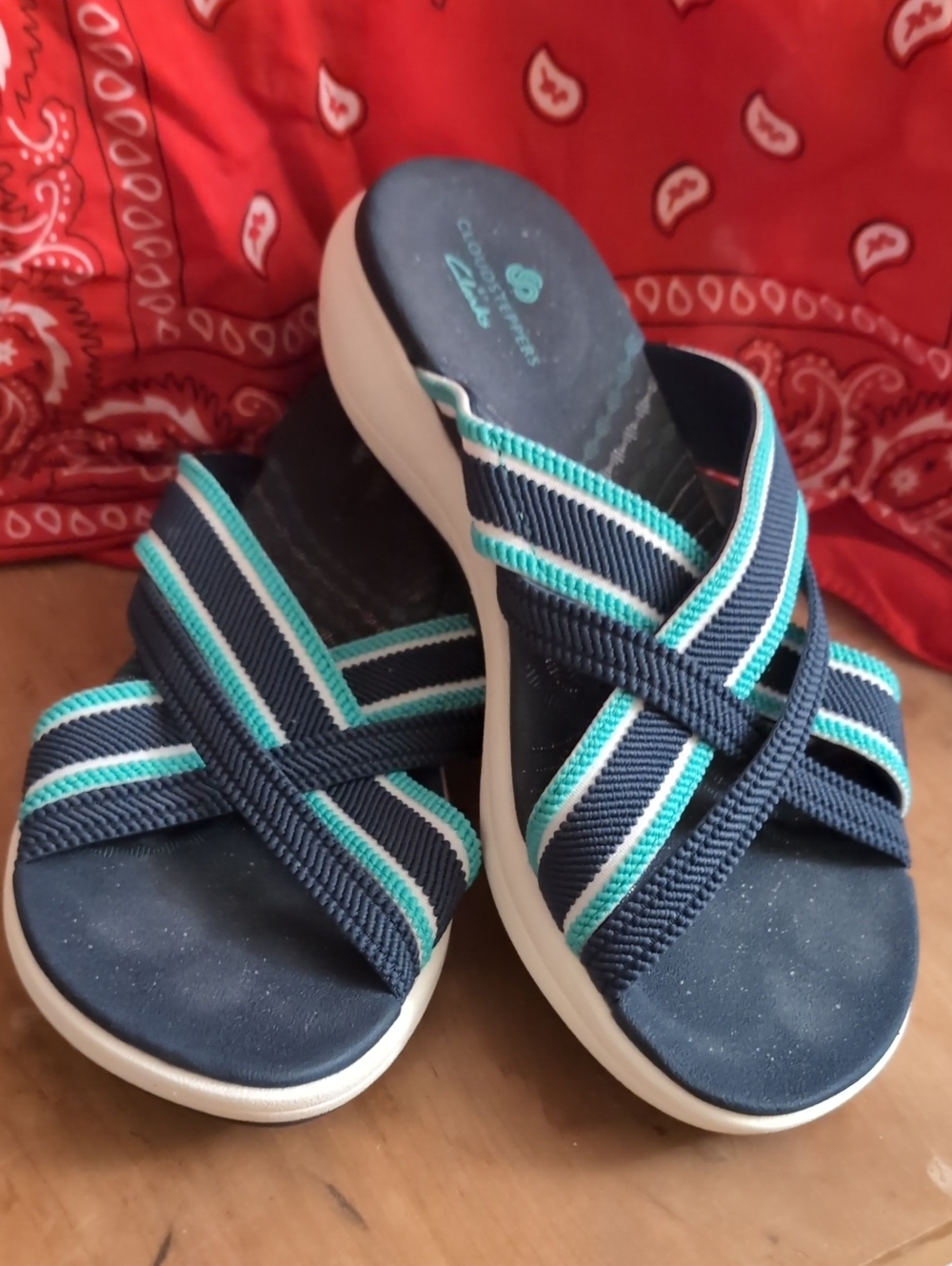 Cloudsteppers by Clarks Navy Slide Sandals with Teal Stripes